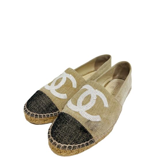 CHANEL Beige Black CC Toile Canvas Sequin Espadrilles Flats Size 37 US 7 - Picture 3 of 9